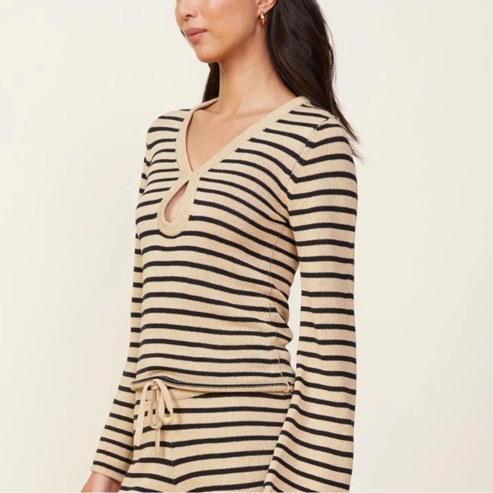 Monrow Black and Tan V-Neck Sweater Classic Stripes